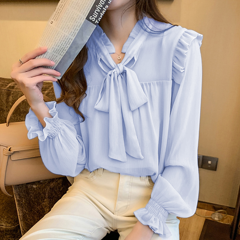 大人かわいい服 フリルリボン 春夏 シアートップス 長袖ブラウス