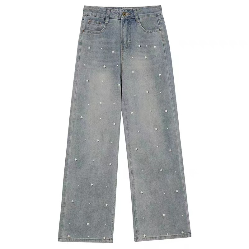 大人かわいい服 パール装飾デニムワイドパンツ