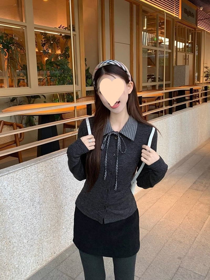 大人かわいい服 チェック柄襟付きリボン結び長袖ニットトップス