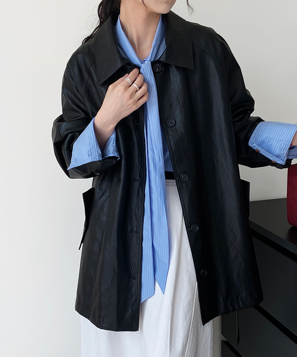 大人かわいい服 合皮ロングジャケット ウエストベルト付き秋冬アウター