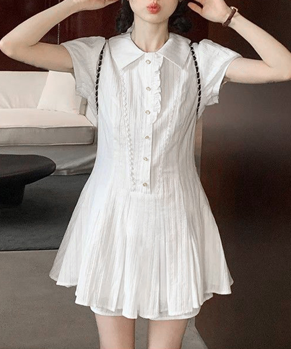 大人かわいい服 プリーツフリル襟ミニワンピース 春夏セット