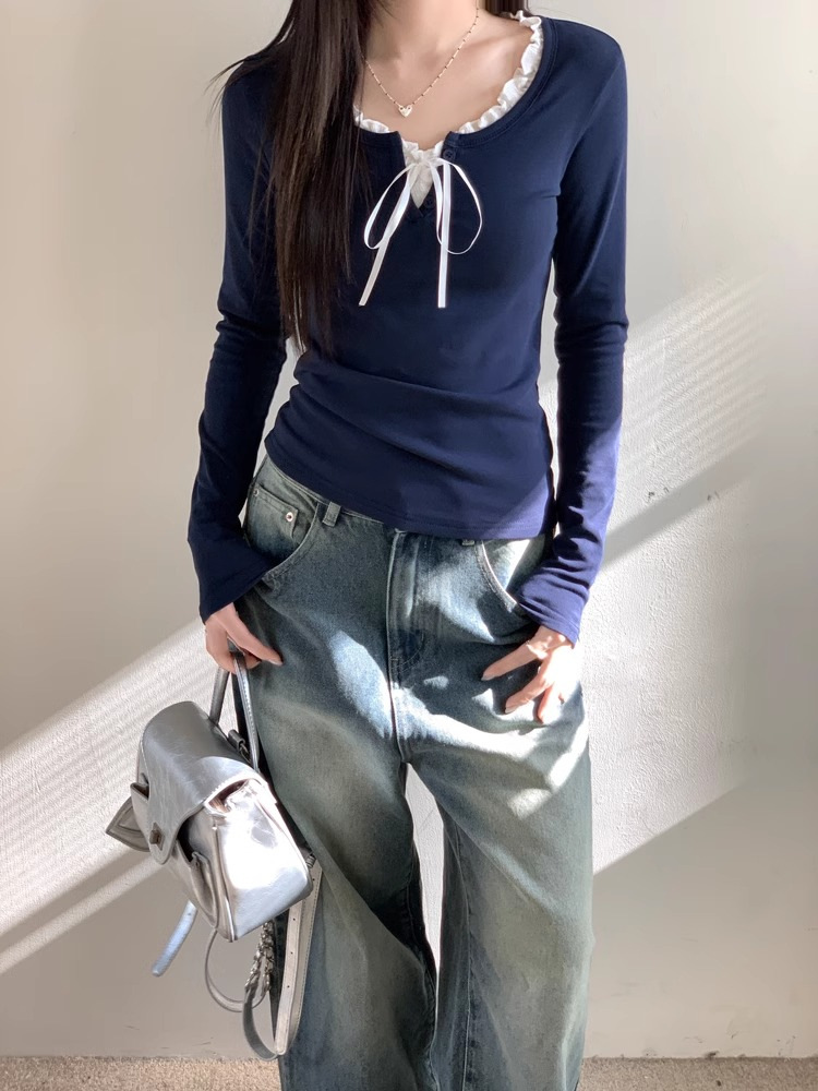 大人かわいい服 フリル襟リボン結び長袖カットソー