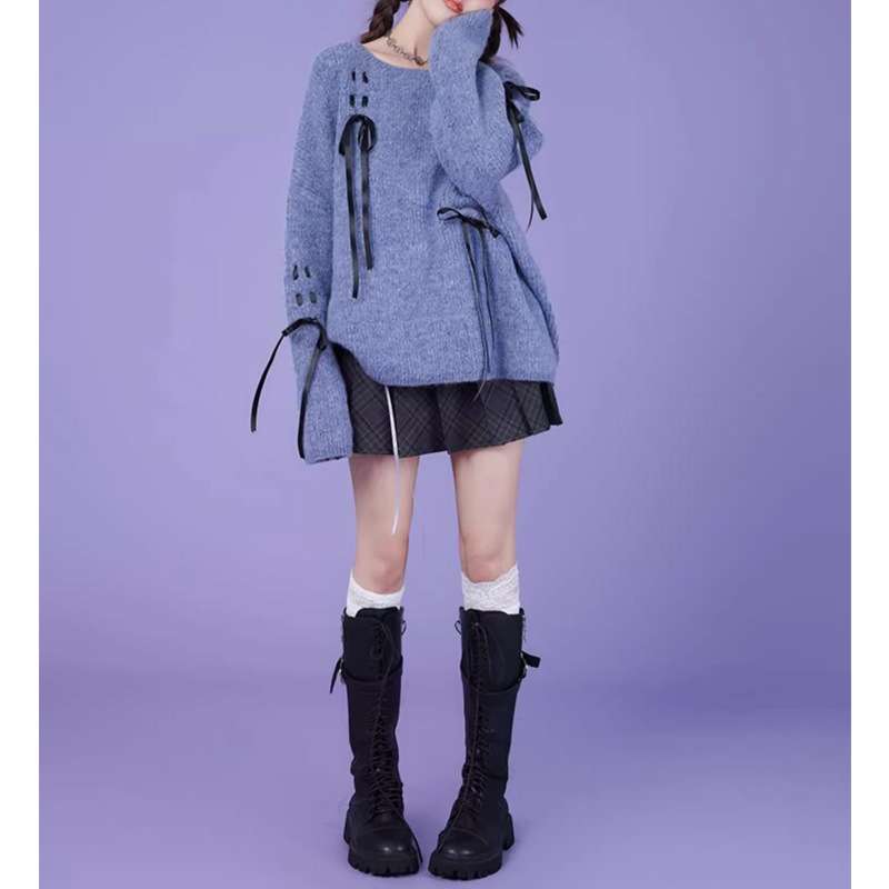 大人かわいい服 リボンデザイン ニットプルオーバー