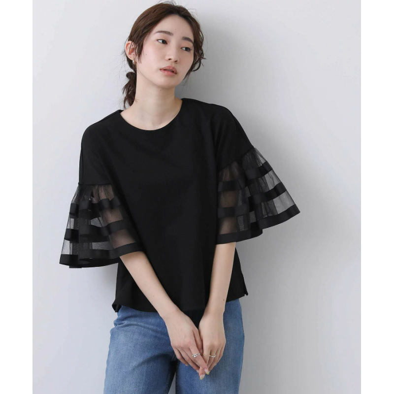 大人かわいい服 シアーチュール切替フレアスリーブブラウス