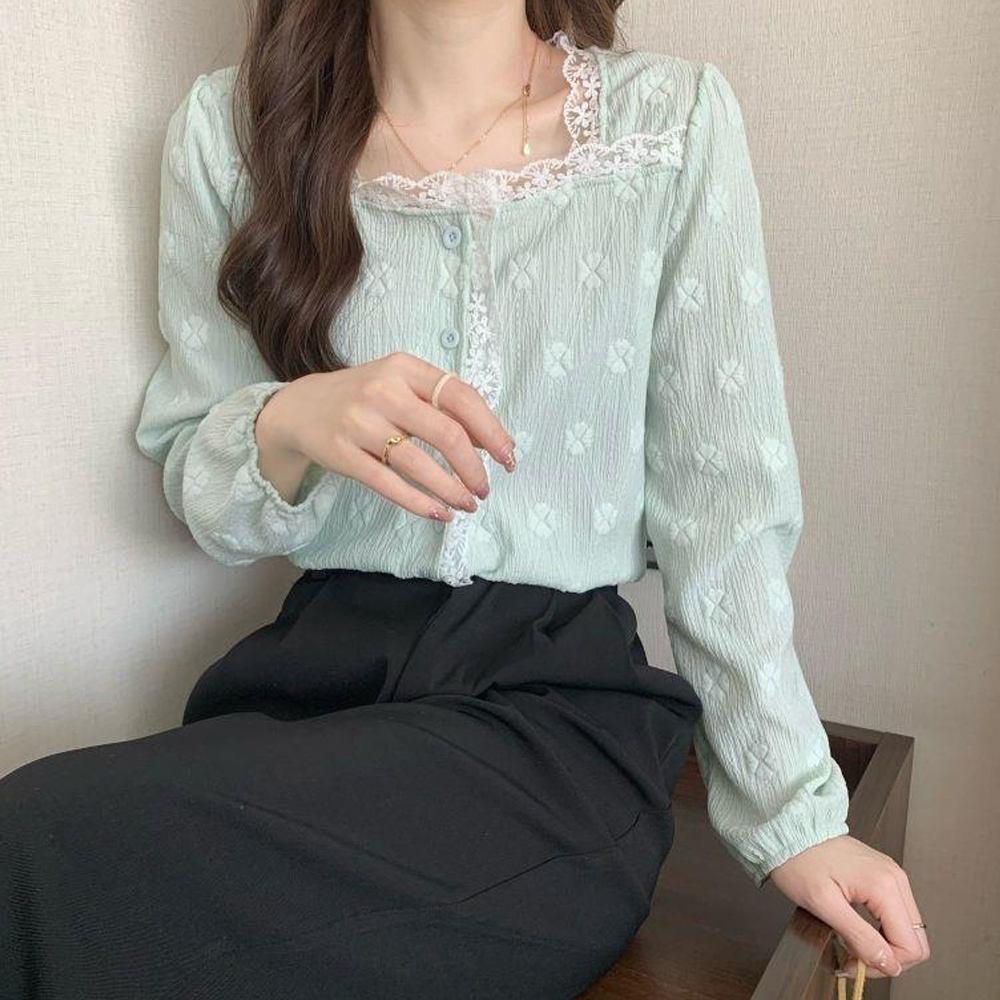 大人かわいい服 レース縁取り スクエアネック シャツブラウス