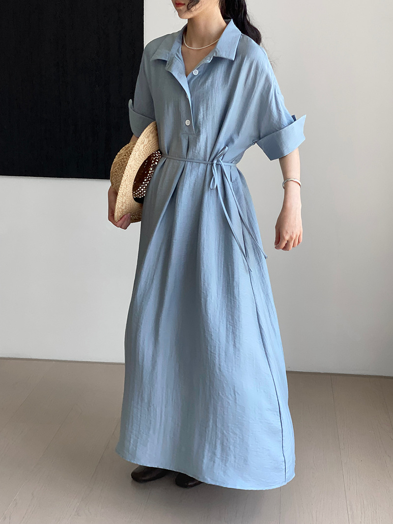 大人かわいい服 麻風合いシャツ襟ロングワンピース