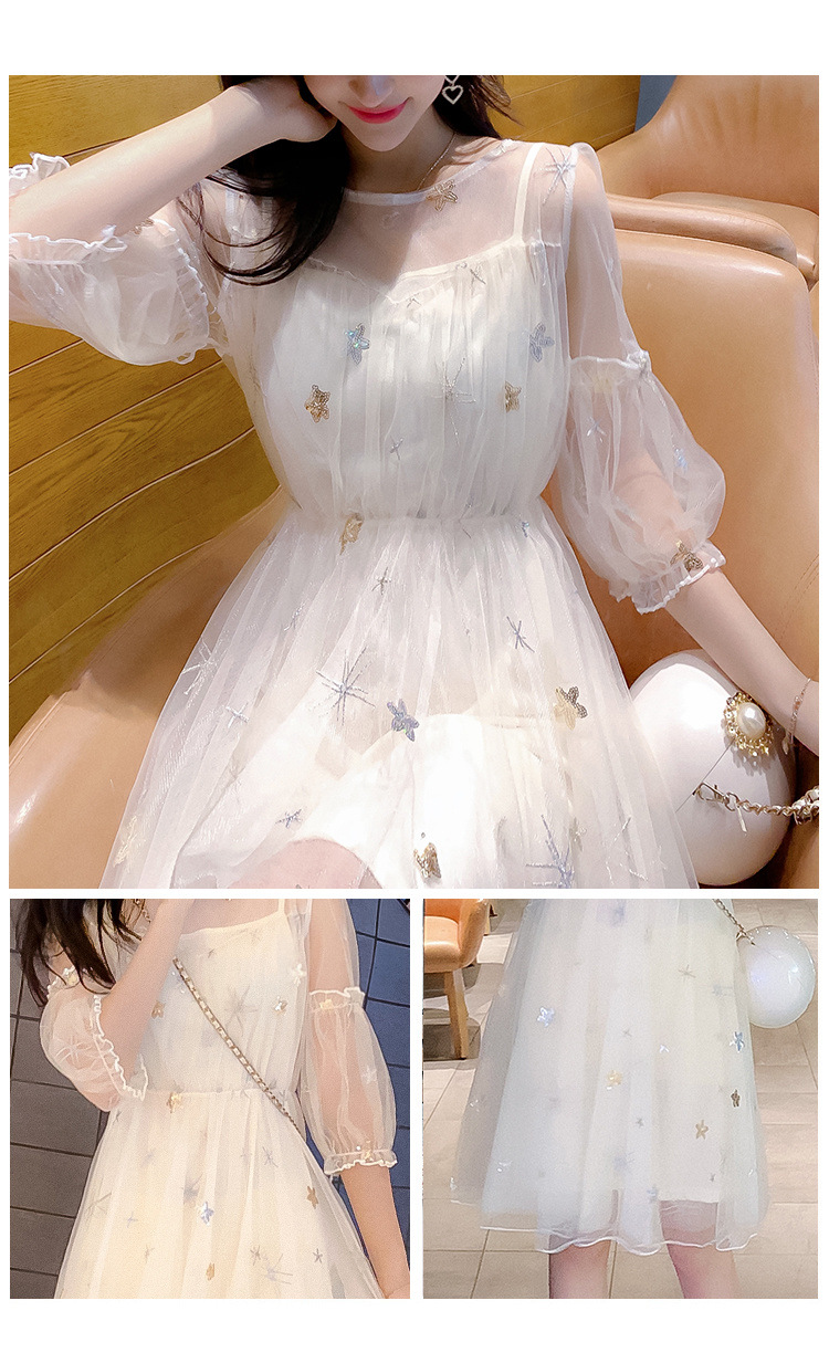 大人かわいい服 星刺繍シアーチュールワンピース