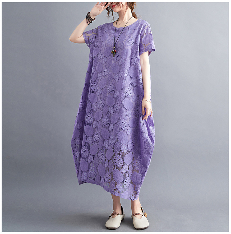 大人かわいい服 花模様レース透かしゆったりワンピース
