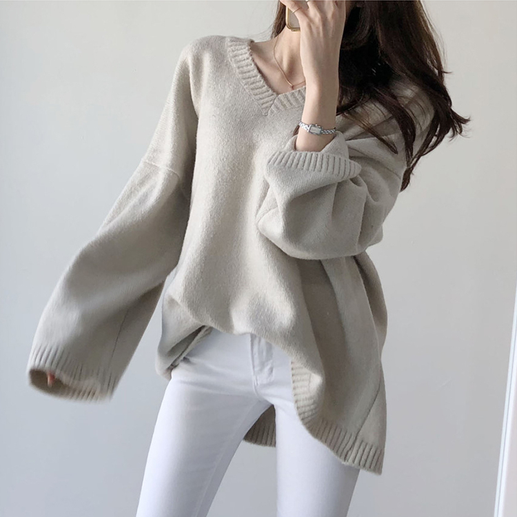 大人かわいい服 ゆったりブイネックニットプルオーバー