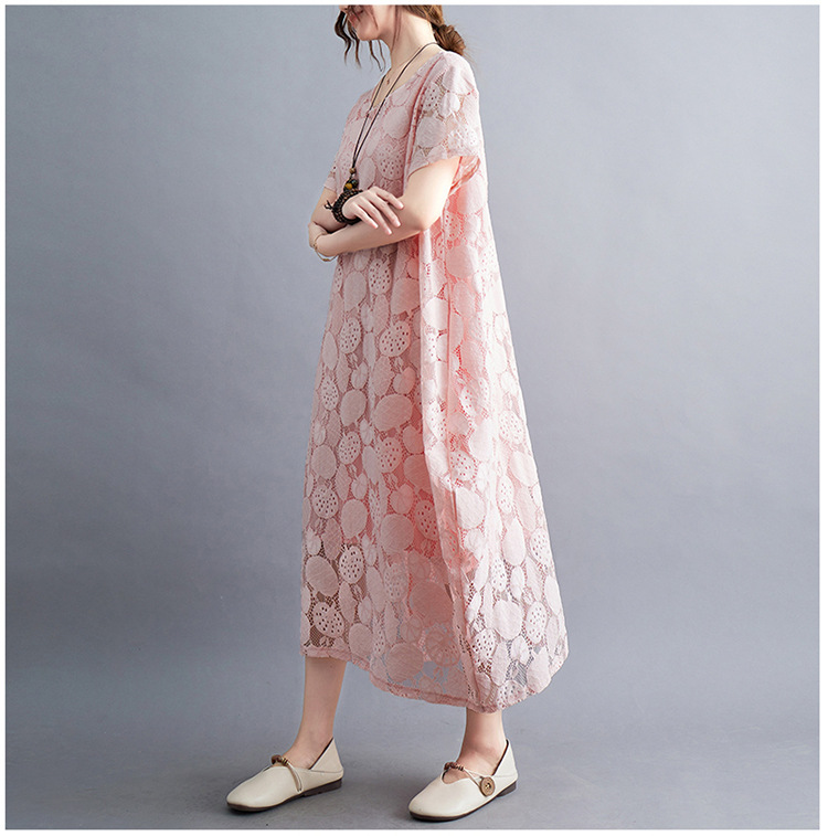 大人かわいい服 花模様レース透かしゆったりワンピース