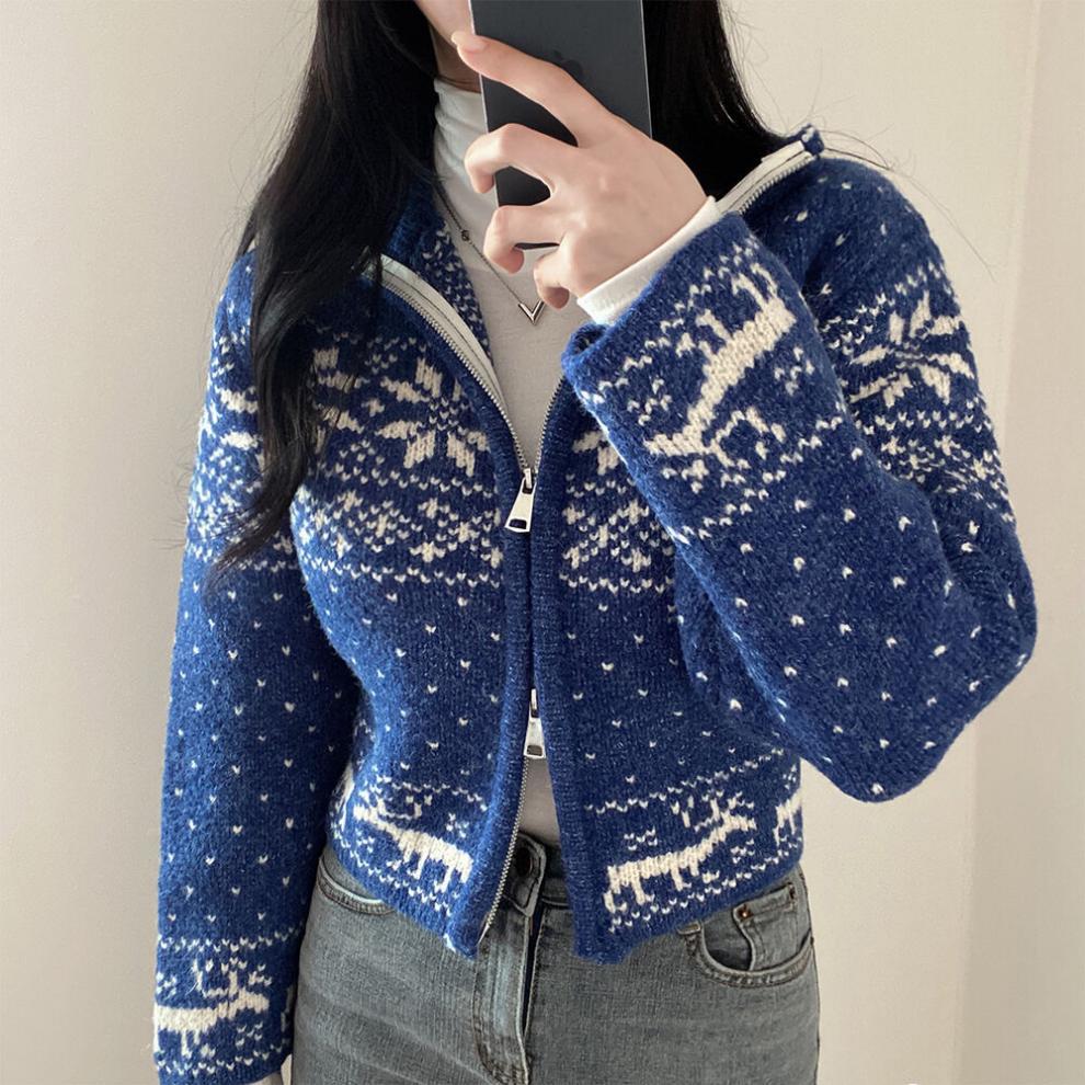 大人かわいい服 ノルディック柄ジップアップニットアウター