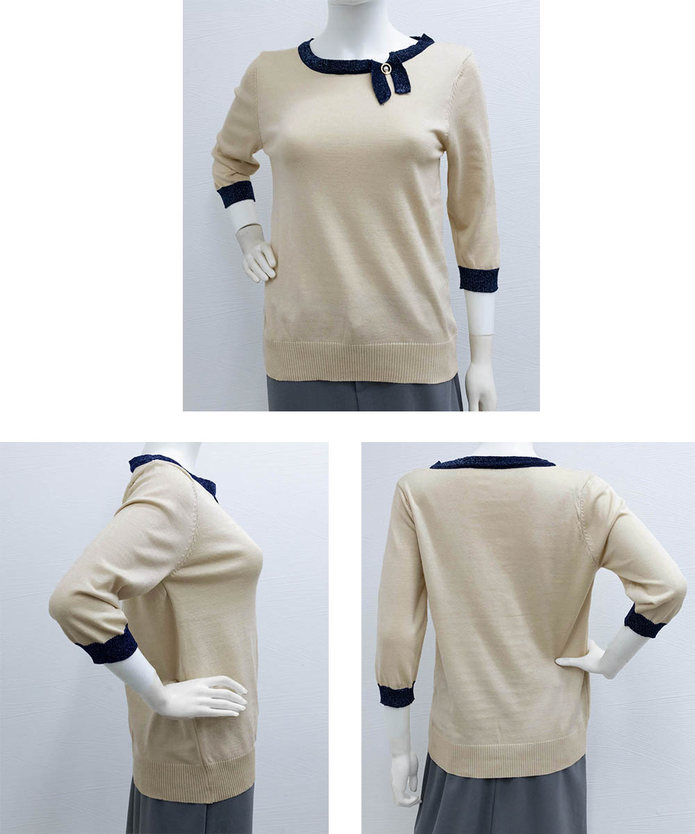 大人かわいい服 レディース七分袖配色リボンニットトップス