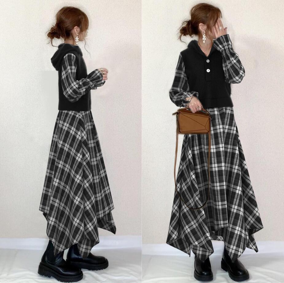 大人かわいい服 チェック柄切替ニットベスト重ね着風ワンピース