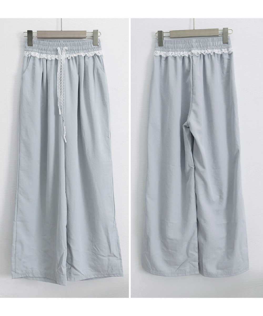 大人かわいい服 レース飾り 夏用ワイドパンツ 涼しげイージー