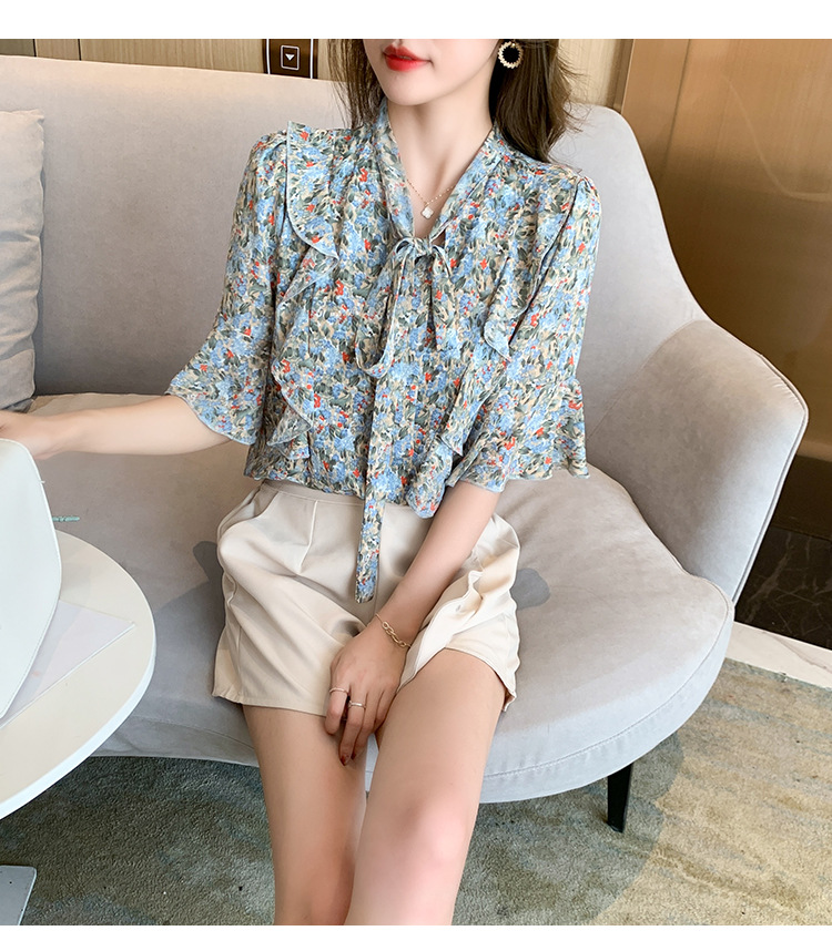 大人かわいい服 花柄リボンタイ七分袖ブラウス