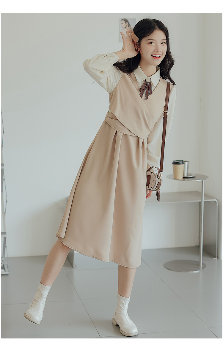 大人かわいい服 襟付きブラウス重ね着風ベルト付きワンピース