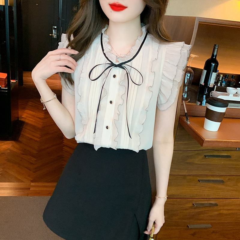 大人かわいい服 フリルリボン シフォンブラウス