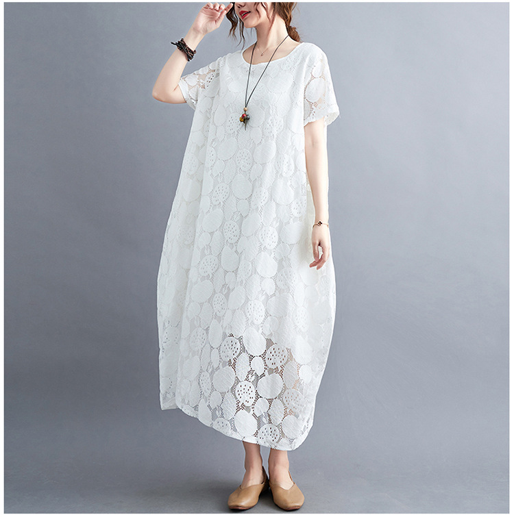 大人かわいい服 花模様レース透かしゆったりワンピース