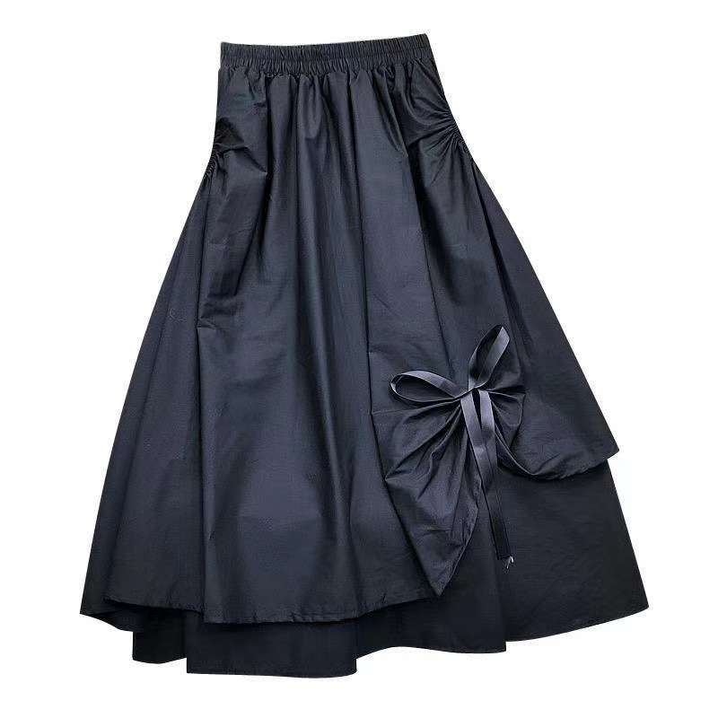 大人かわいい服 リボン付きフレアロングスカート