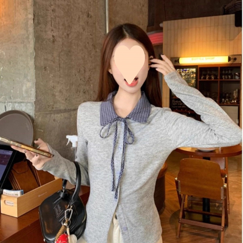 大人かわいい服 チェック柄襟付きリボン結び長袖ニットトップス