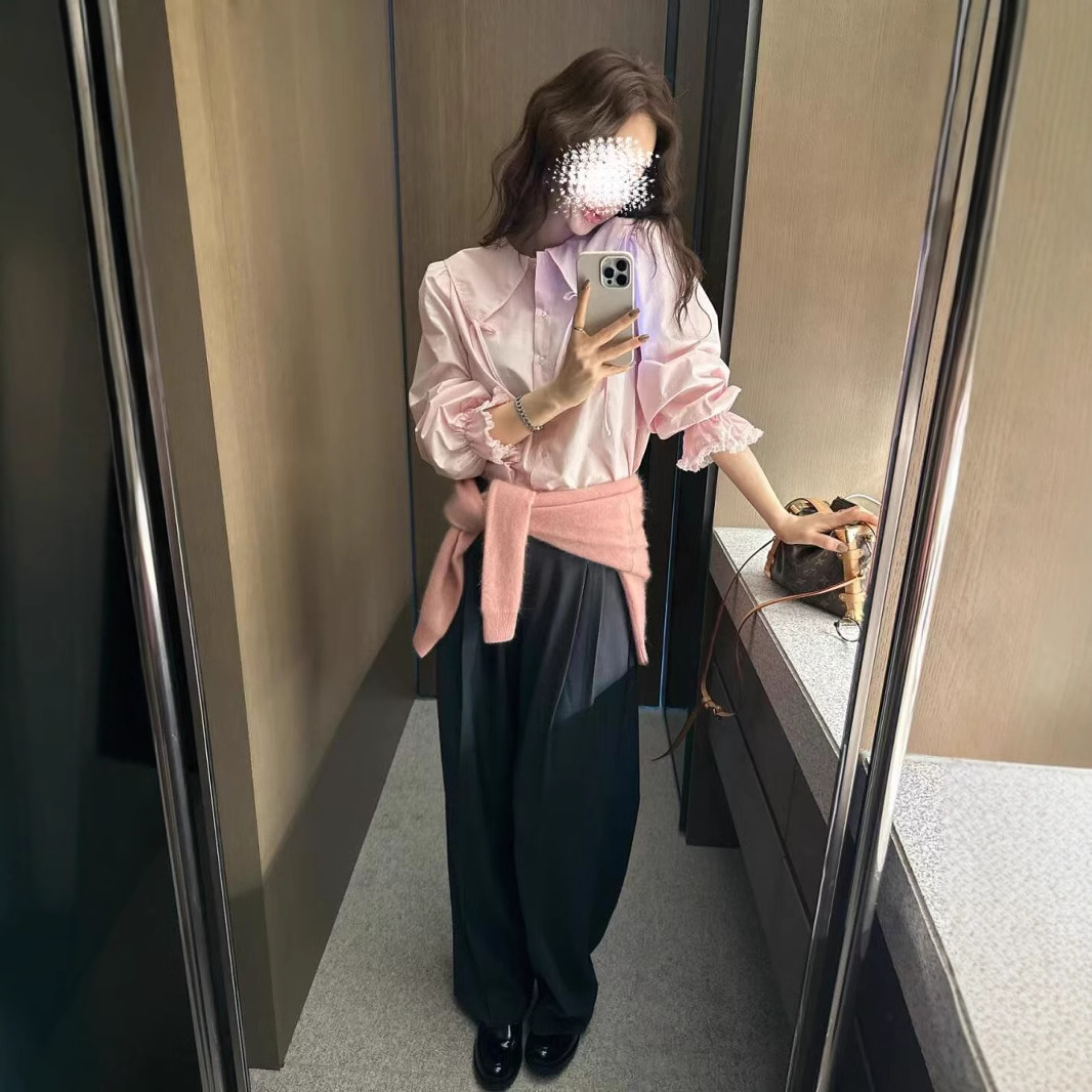 大人かわいい服 配色リボン付きフリル袖ブラウス