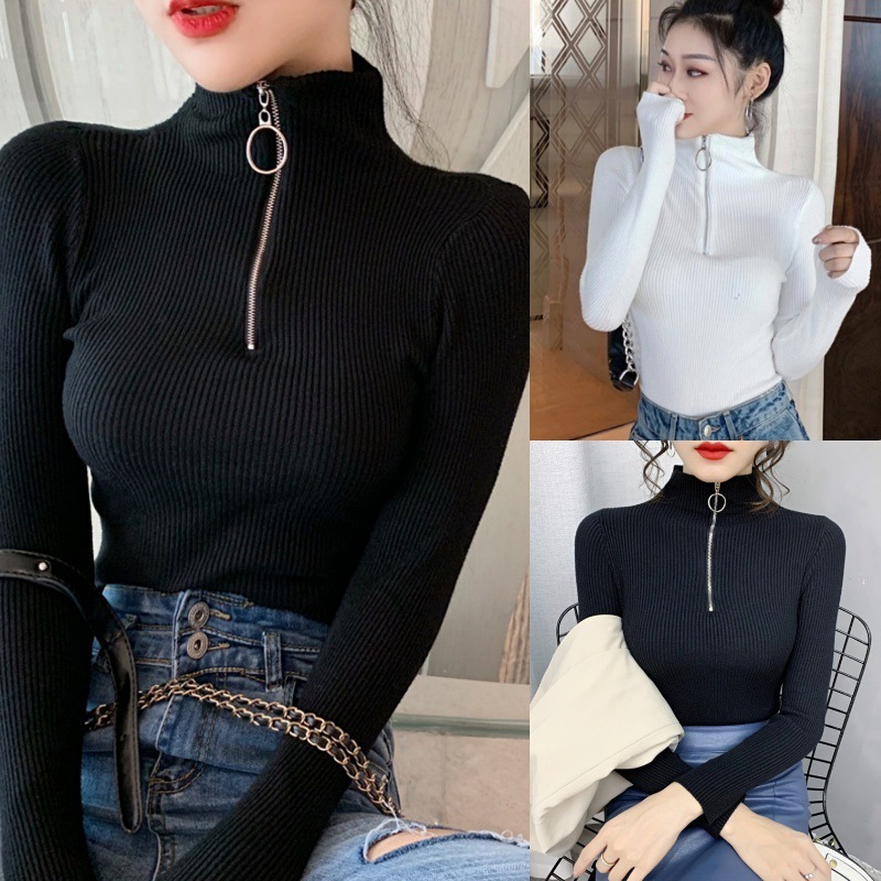 大人かわいい服 リング付きジップハイネックリブニットトップス