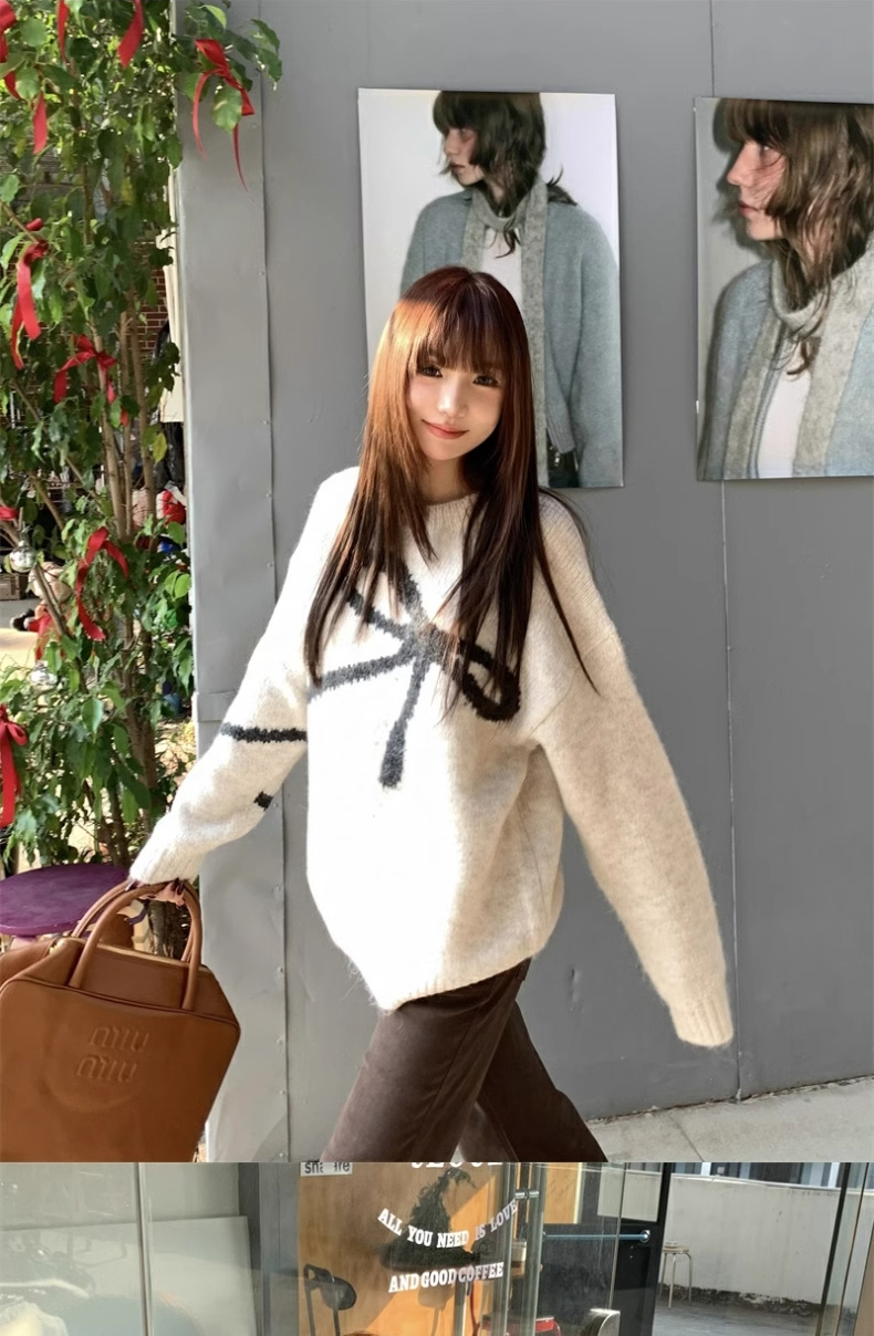 大人かわいい服 リボンデザインモヘア混ゆったりニットセーター