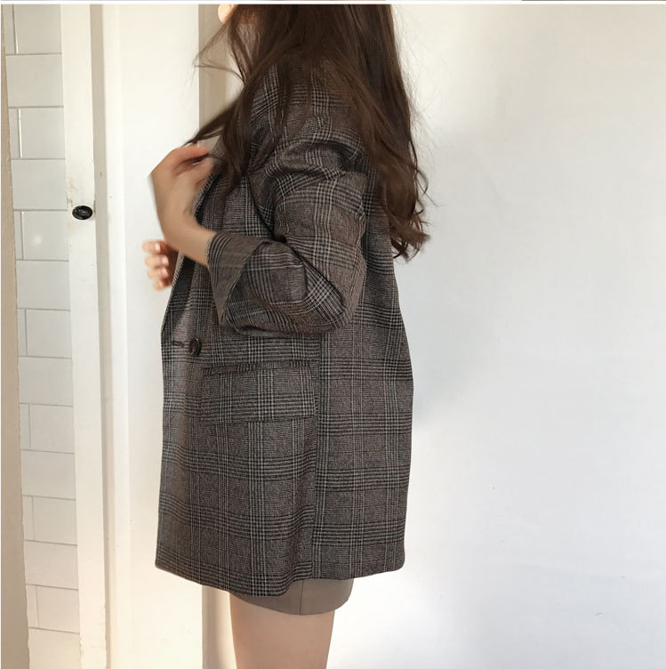 大人かわいい服 グレンチェック柄ダブルボタンロング丈テーラードジャケット