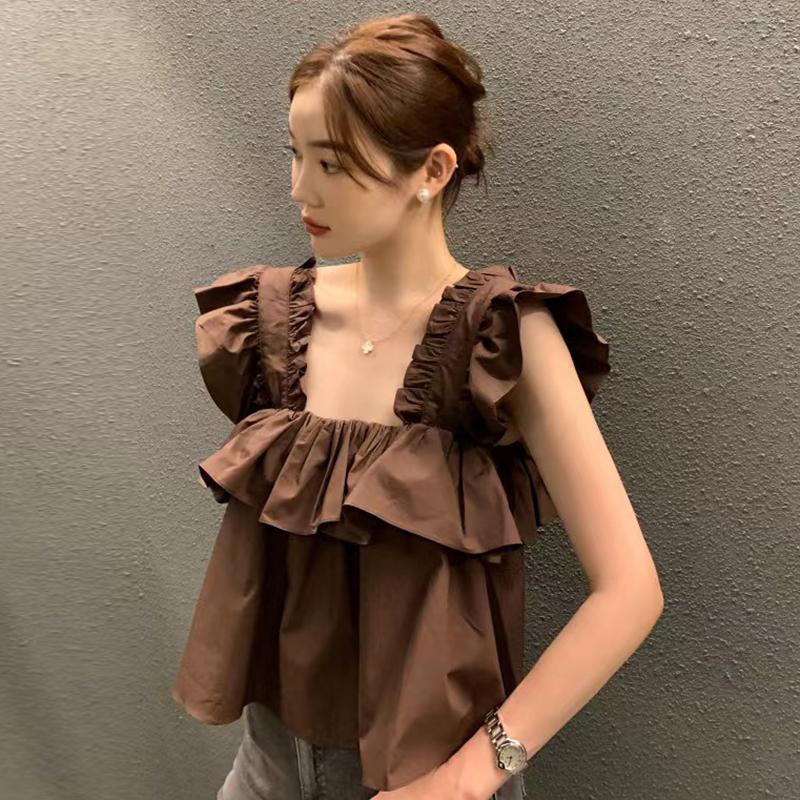 大人かわいい服 ボリュームフリル切替スクエアネックブラウス