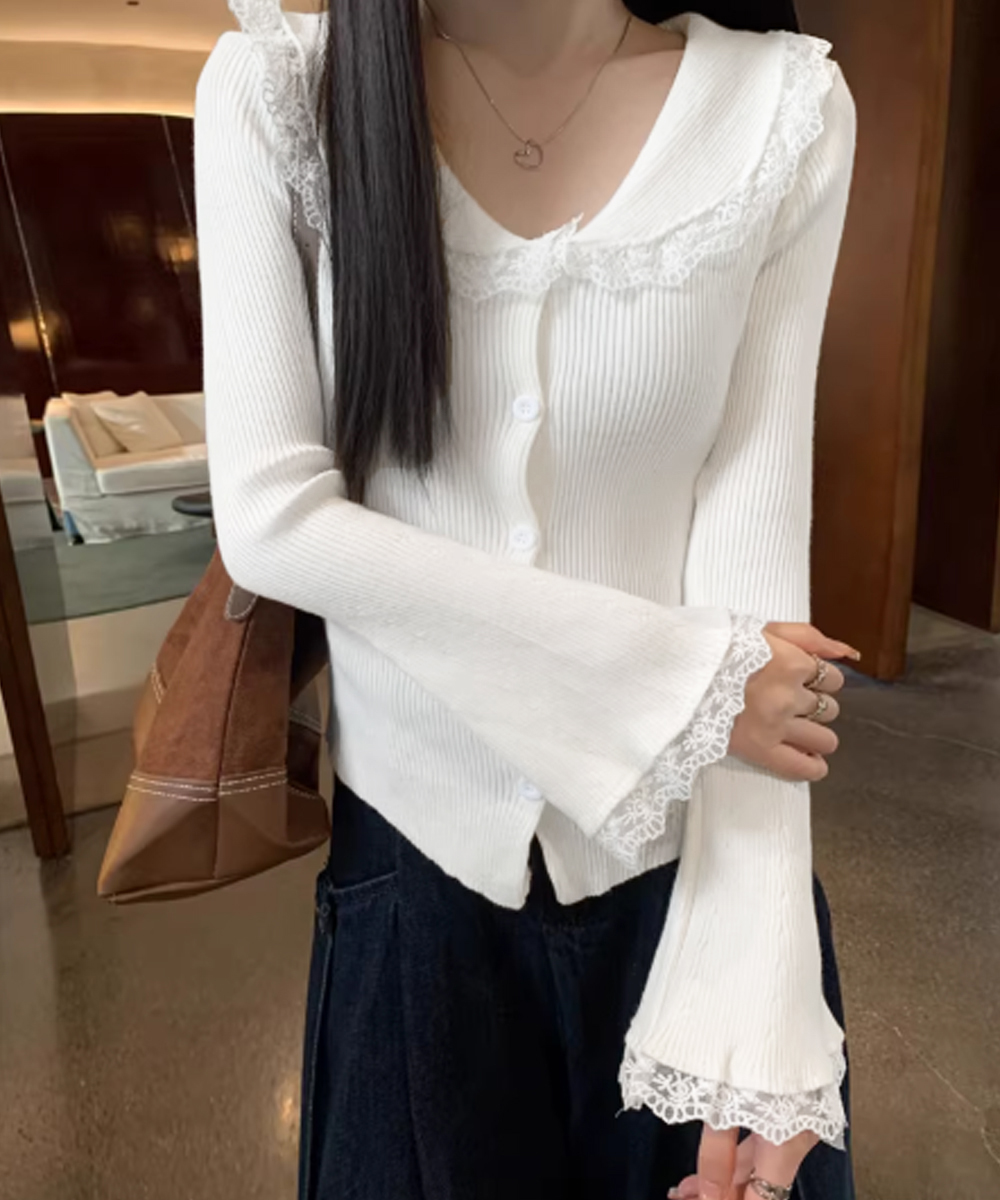 大人かわいい服 レース襟付き前開きリブニットカーディガン