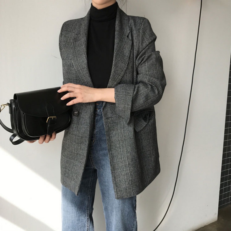 大人かわいい服 グレンチェック柄ダブルボタンロング丈テーラードジャケット