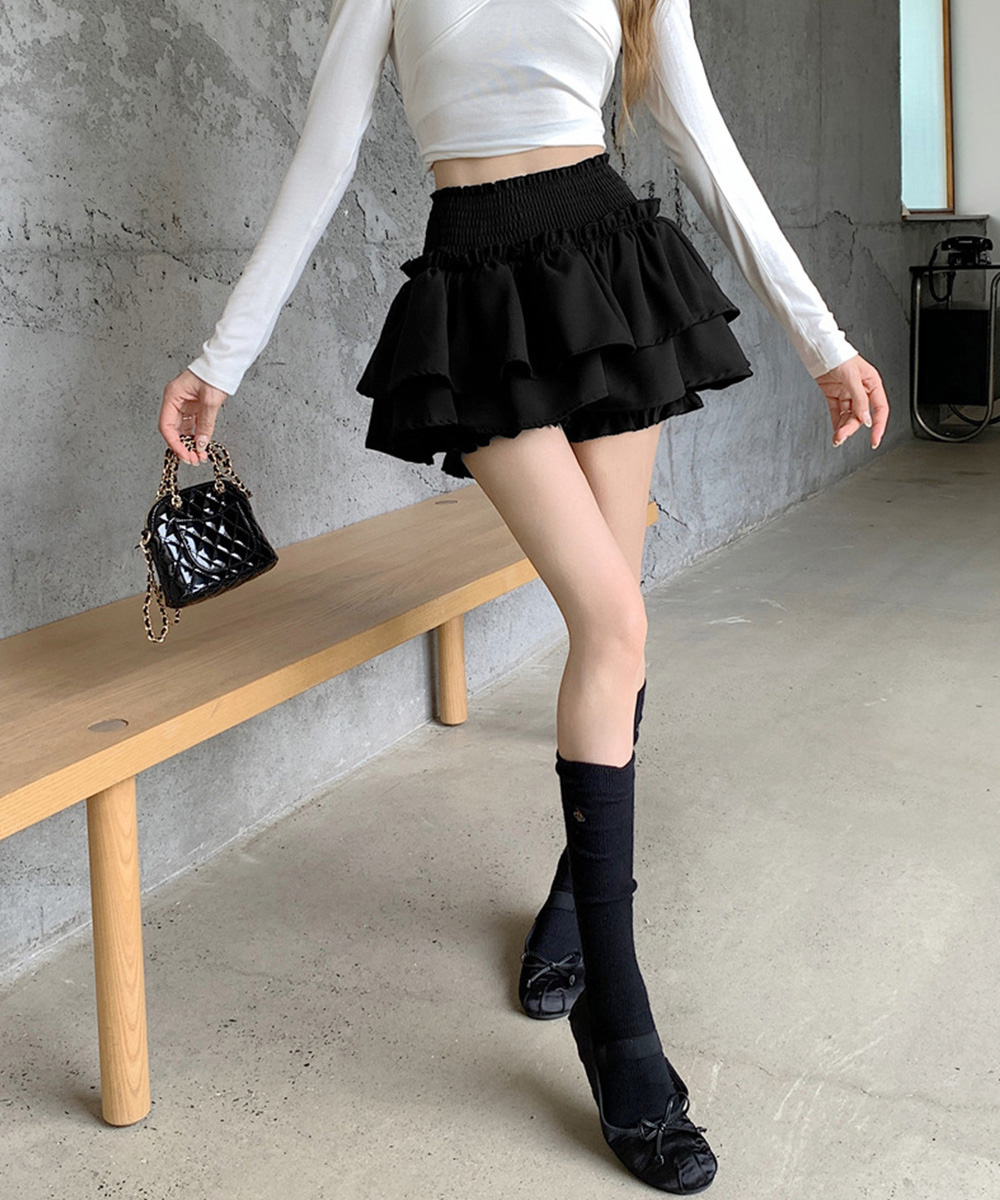 大人かわいい服 ふんわりティアードミニスカート 内蔵パンツ付き