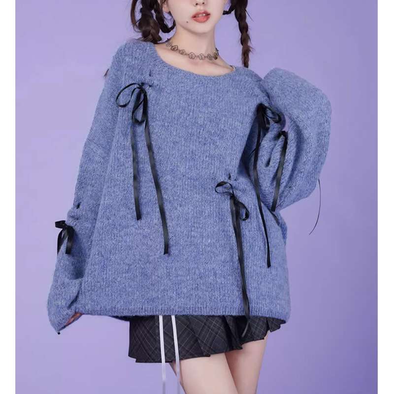 大人かわいい服 リボンデザイン ニットプルオーバー