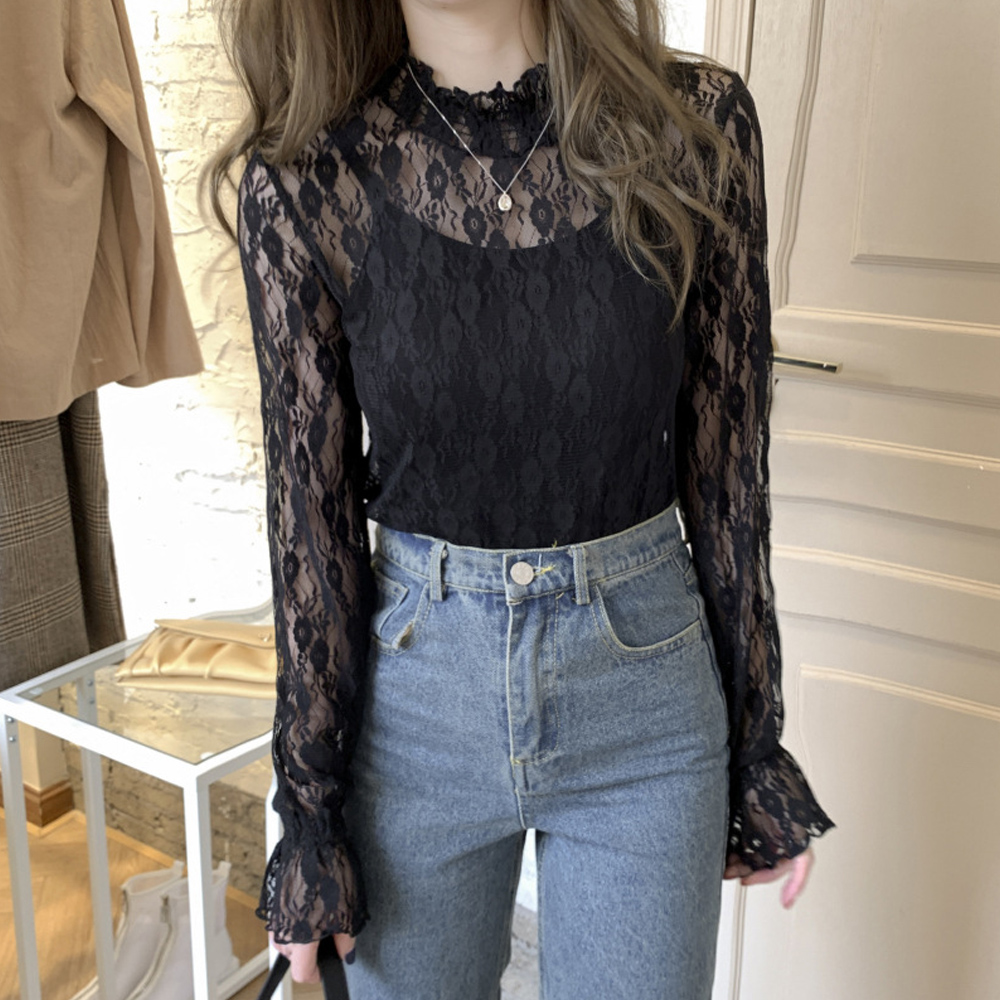 大人かわいい服 花柄レース シースルー トップス プチハイネック フリル