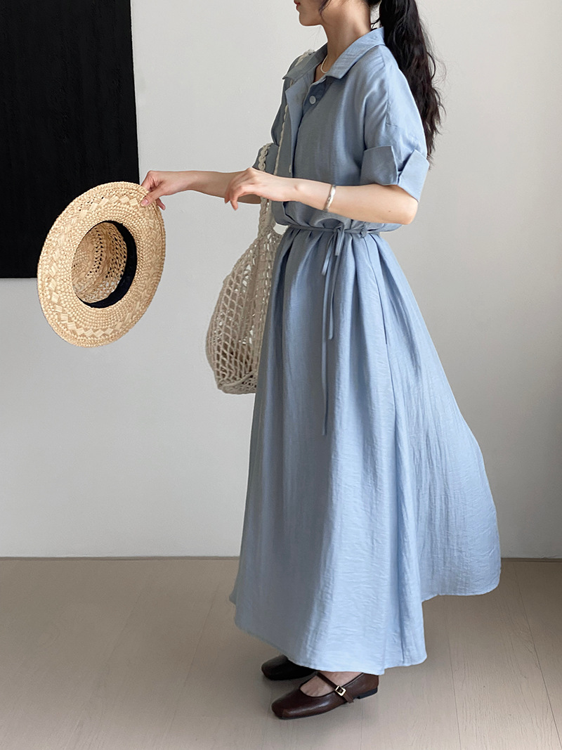 大人かわいい服 麻風合いシャツ襟ロングワンピース