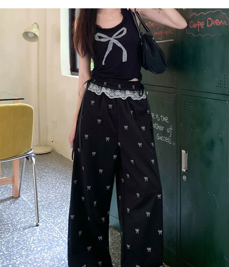 大人かわいい服 リボン刺繍レースフリル付きワイドパンツ