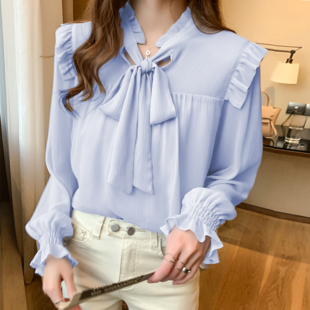 大人かわいい服 フリルリボン 春夏 シアートップス 長袖ブラウス