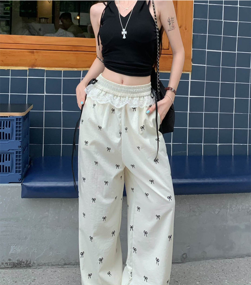 大人かわいい服 リボン刺繍レースフリル付きワイドパンツ