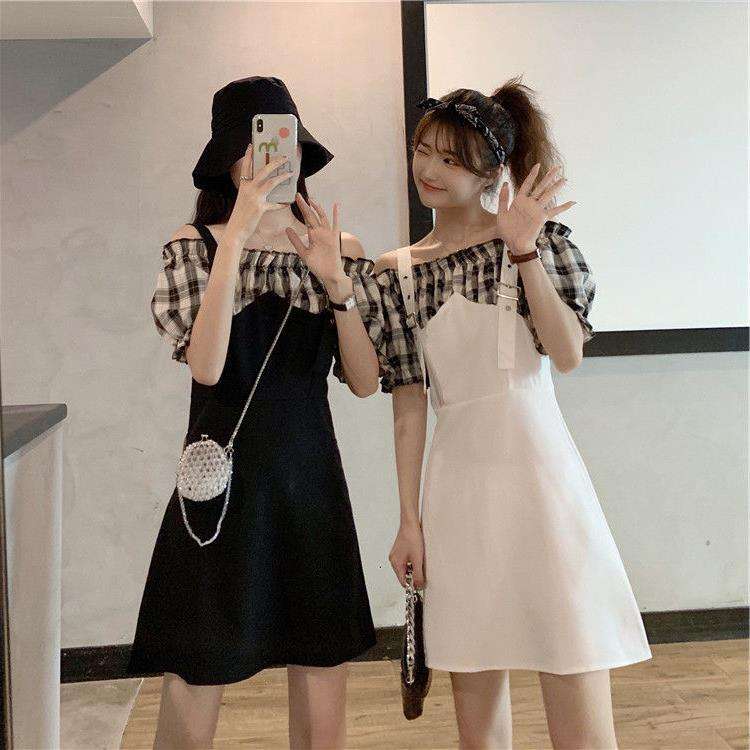 大人かわいい服 チェック柄フリルオフショルダーワンピース