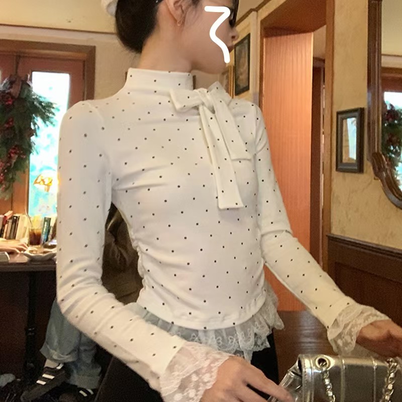 大人かわいい服 ドット柄ハイネックレース切替ブラウス
