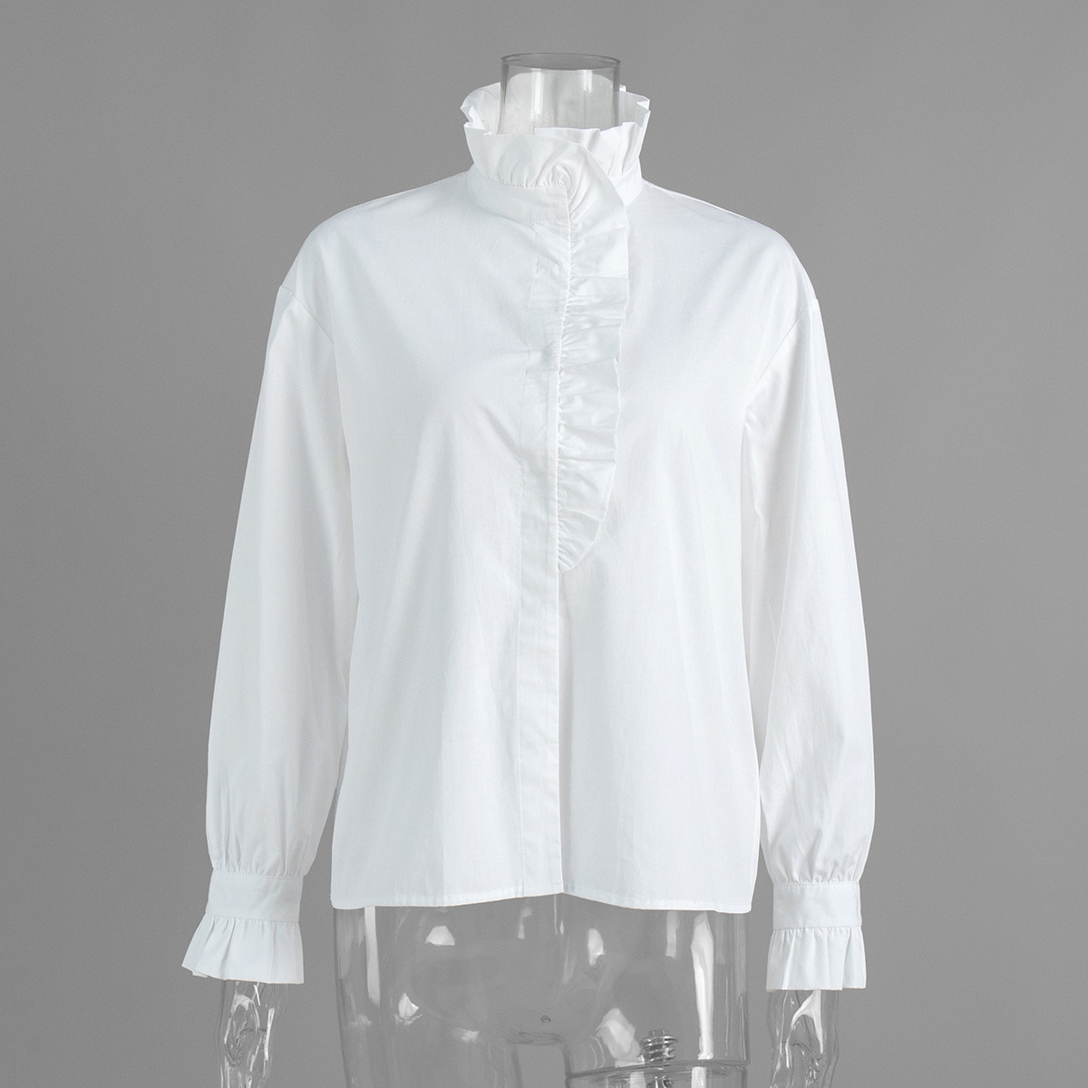 大人かわいい服 シンプルフリルハイネック長袖ブラウス