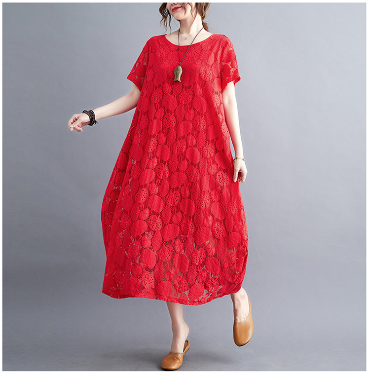 大人かわいい服 花模様レース透かしゆったりワンピース