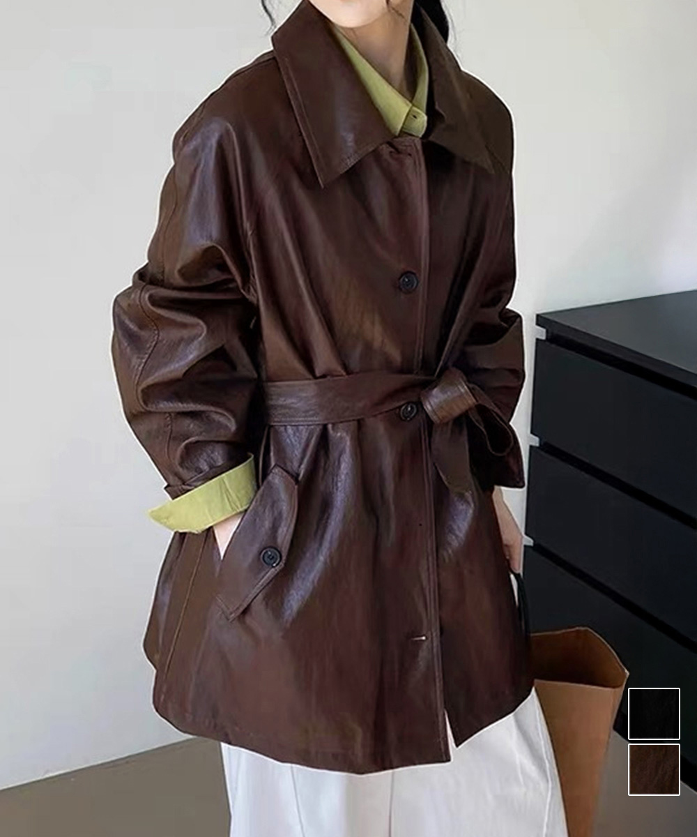 大人かわいい服 合皮ロングジャケット ウエストベルト付き秋冬アウター