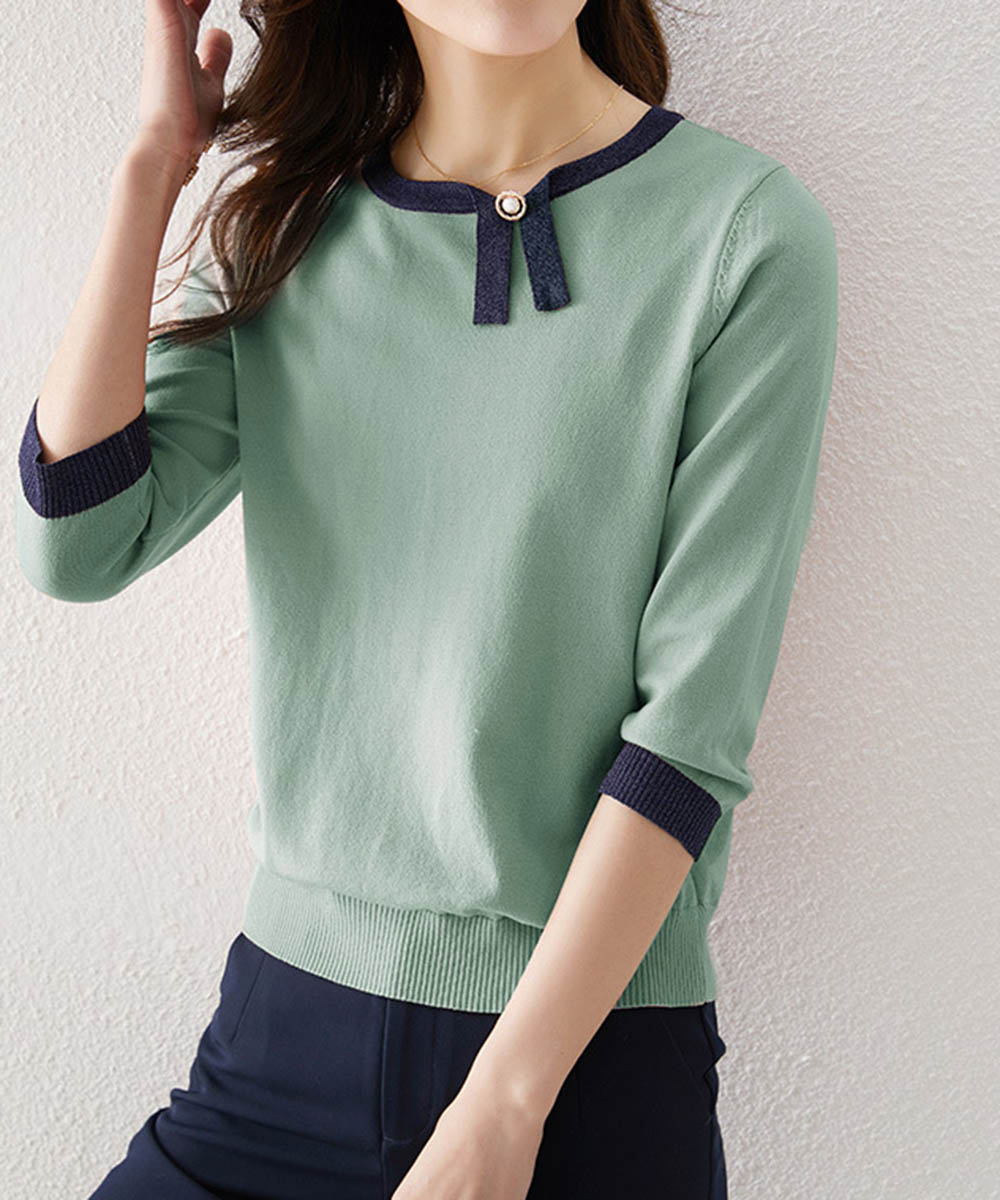 大人かわいい服 レディース七分袖配色リボンニットトップス
