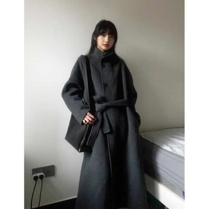 大人かわいい服 秋冬新作ベルト付ロングコート ゆったりシルエット