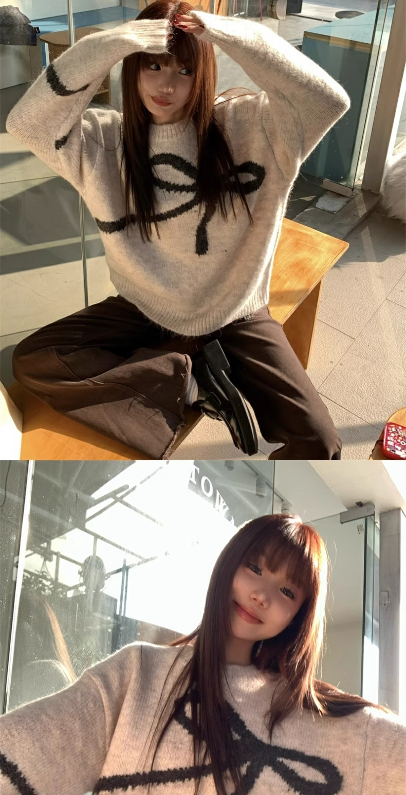 大人かわいい服 リボンデザインモヘア混ゆったりニットセーター