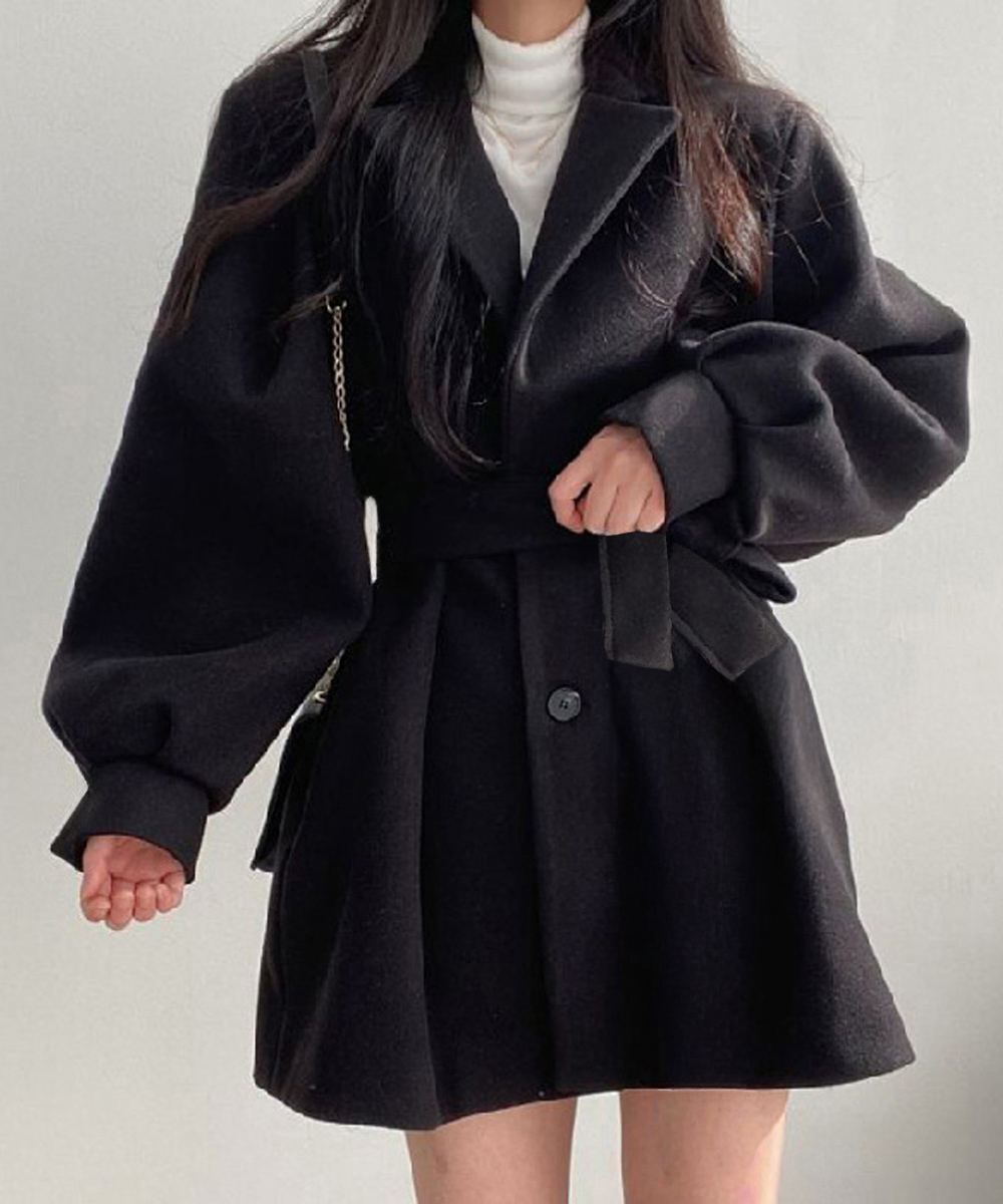 大人かわいい服 ぽわん袖ウエストベルト付きミドル丈チェスターコート 