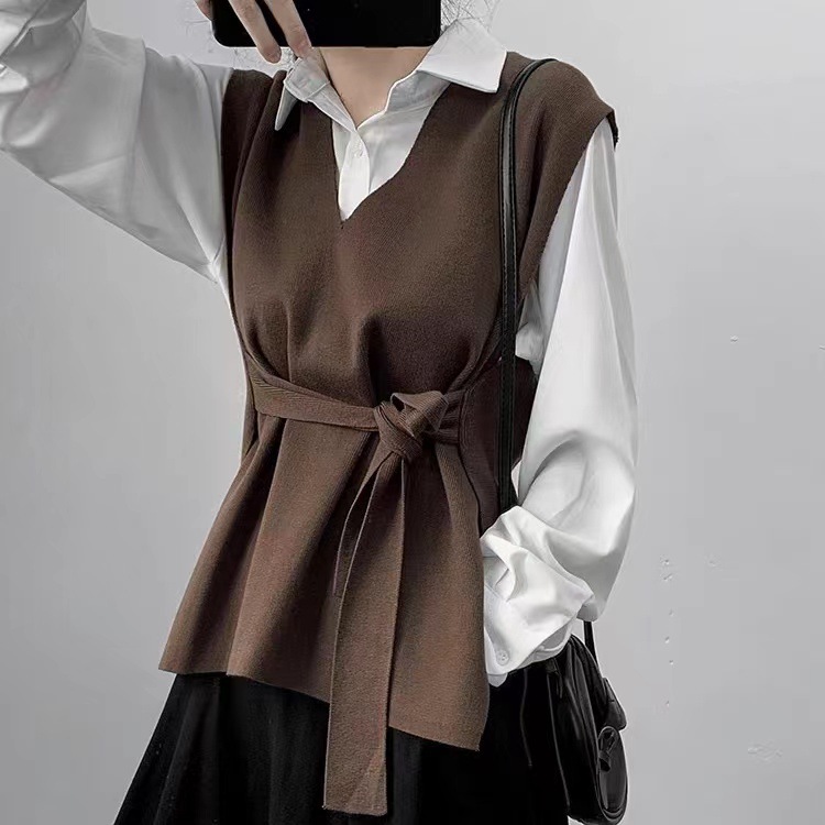 大人かわいい服 秋冬新作ウエストリボンニットベスト上品レディース