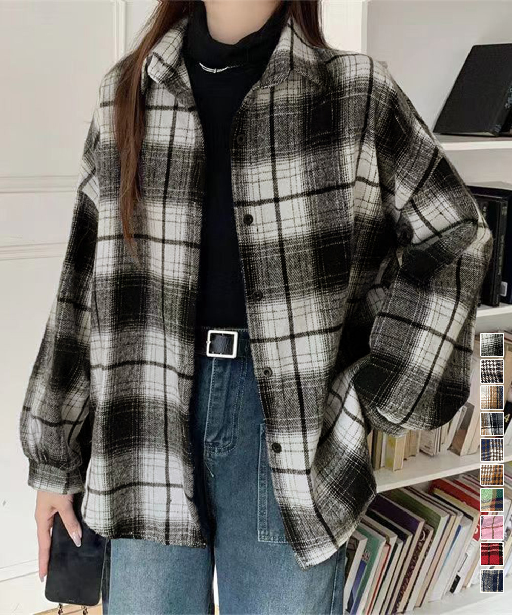 大人かわいい服 起毛チェックシャツ ゆったりネルシャツジャケット