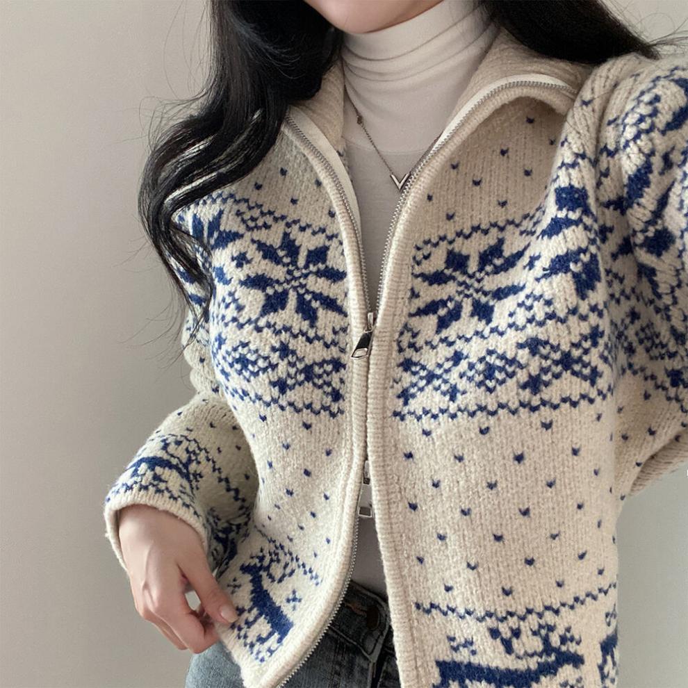 大人かわいい服 ノルディック柄ジップアップニットアウター